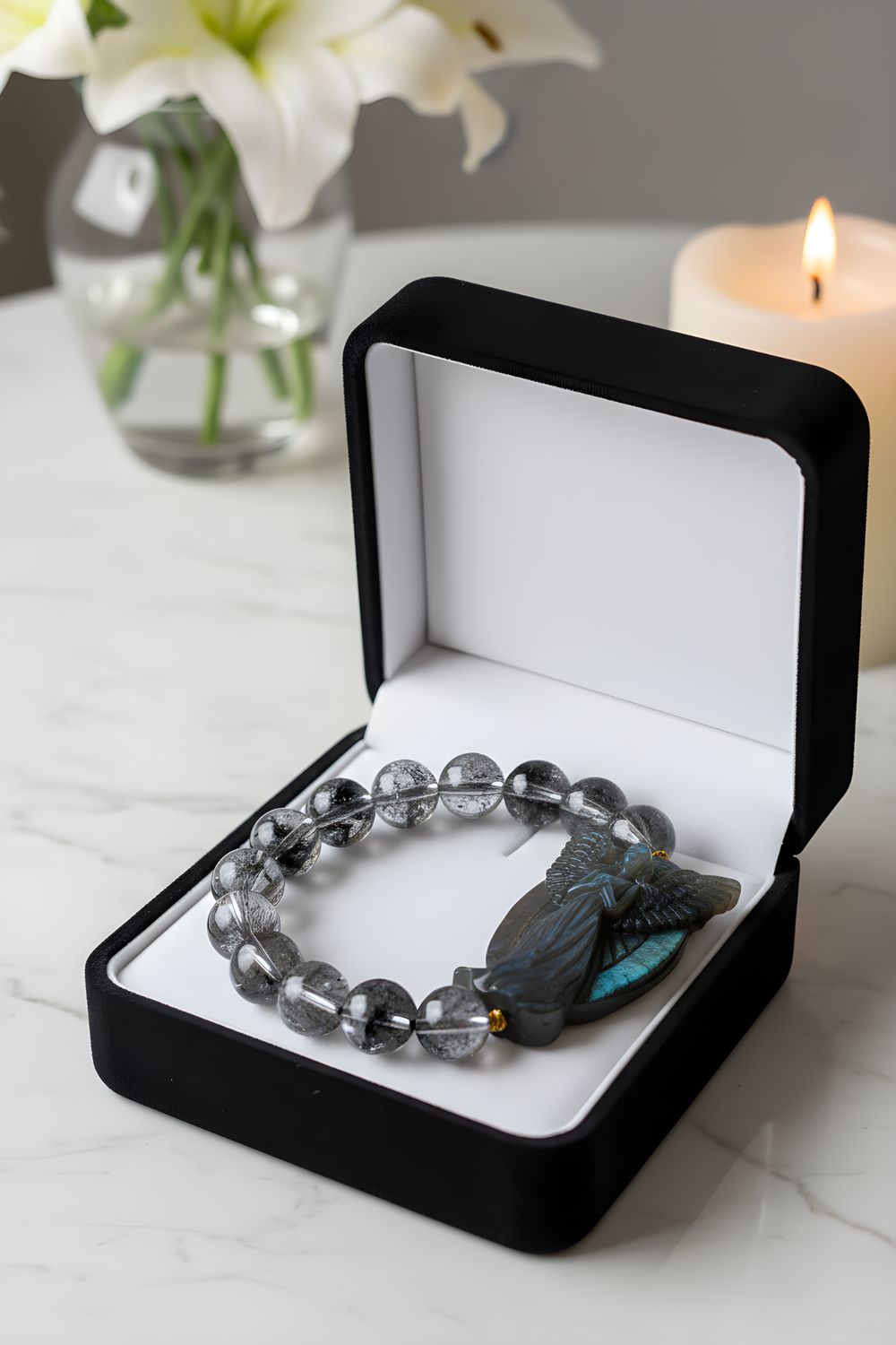 Natural Black Fire Quartz x Labradorite Angel 18K