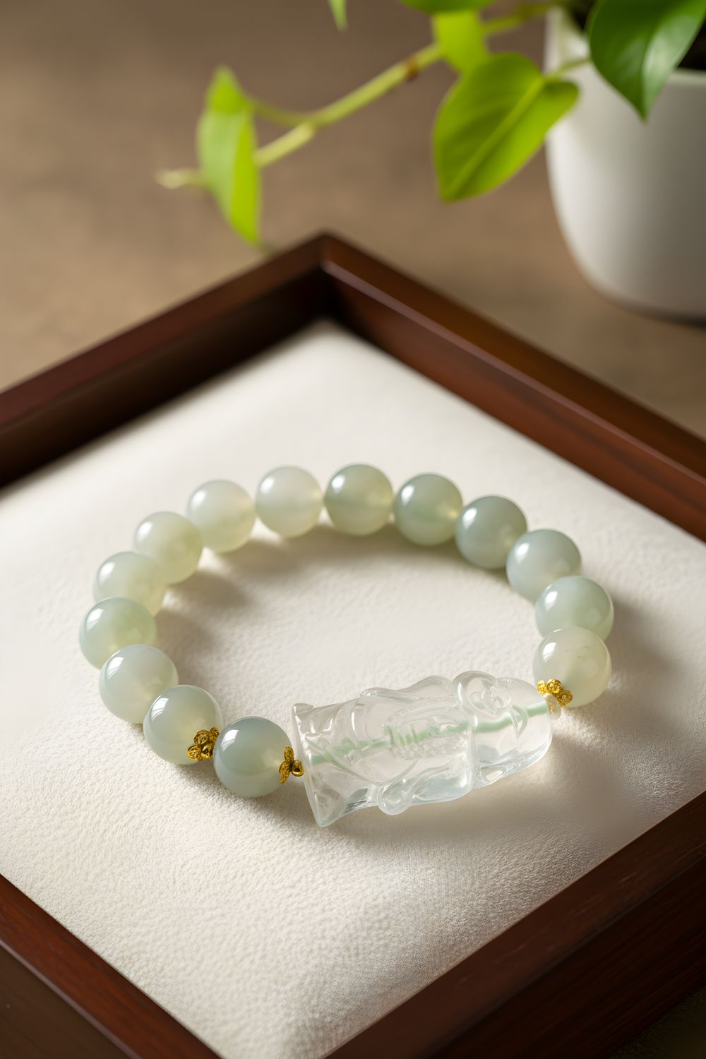 Natural Green Moonstone with Buddha - 18K