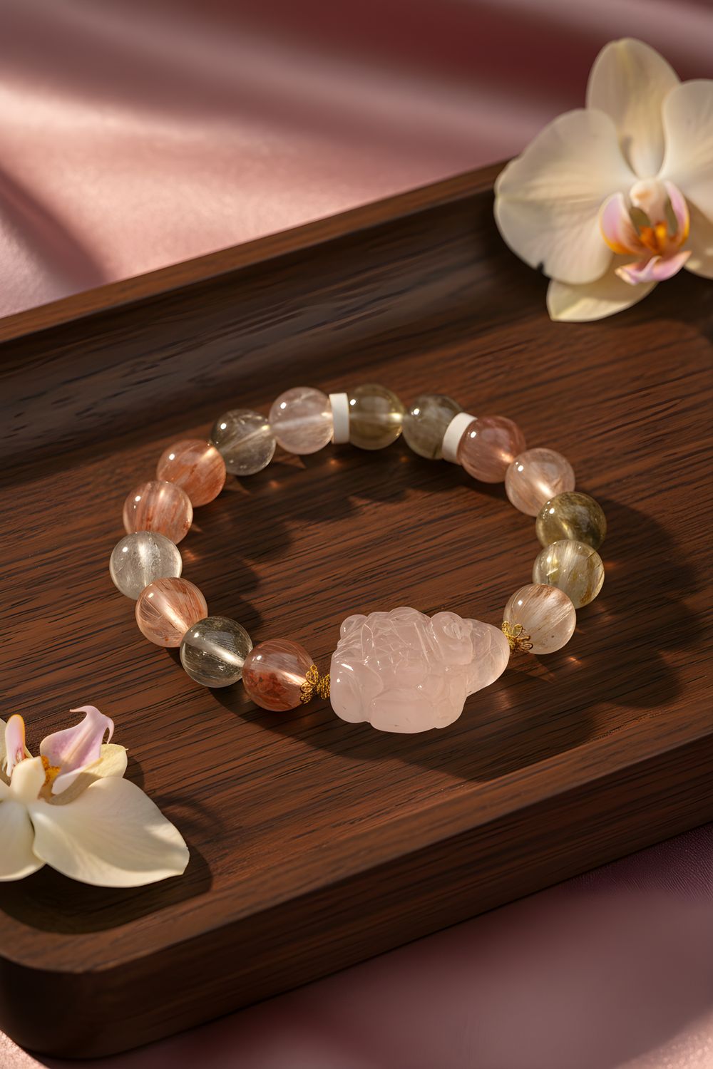 Natural Hair Rabbit x Rose Quartz God Of Wealth 18K