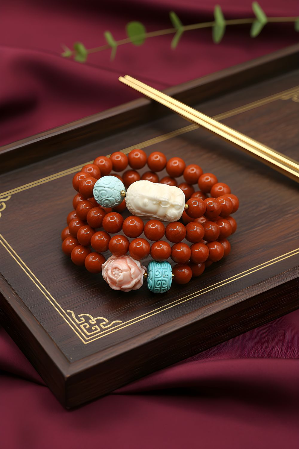 Natural 4 Lap Southern Red Agate x Ivory Ganesha x Turquoise Lucky Turn x Rose Coral - 18K
