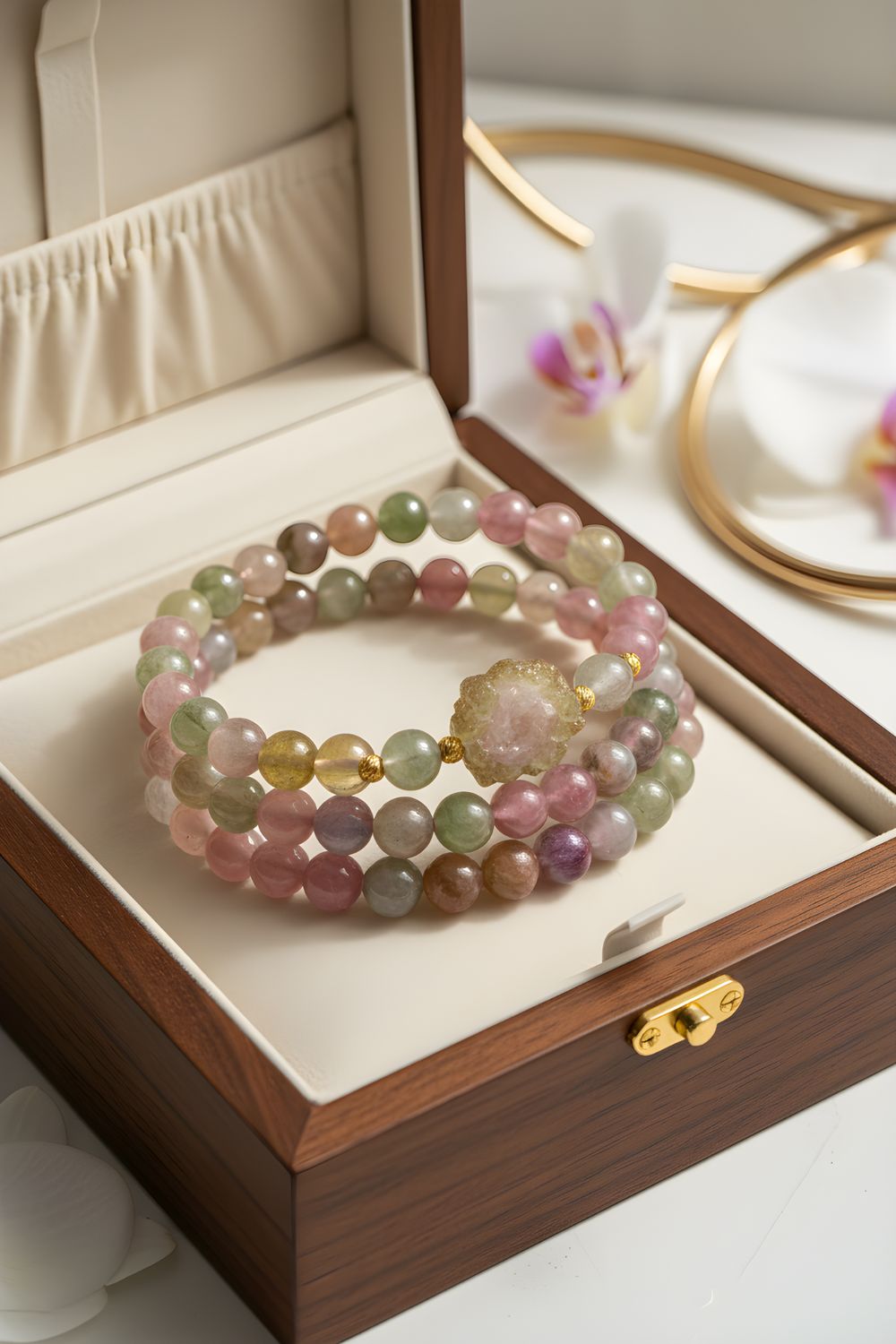 Natural 3 Lap Watermelon Tourmaline with Flower - 18K