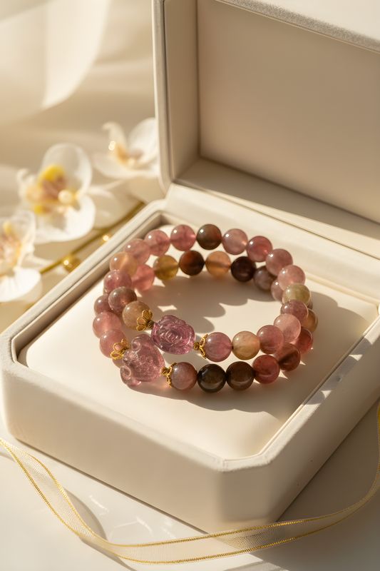 Natural 3 Lap Watermelon Tourmaline with Ruyi &amp; Flower - 18K