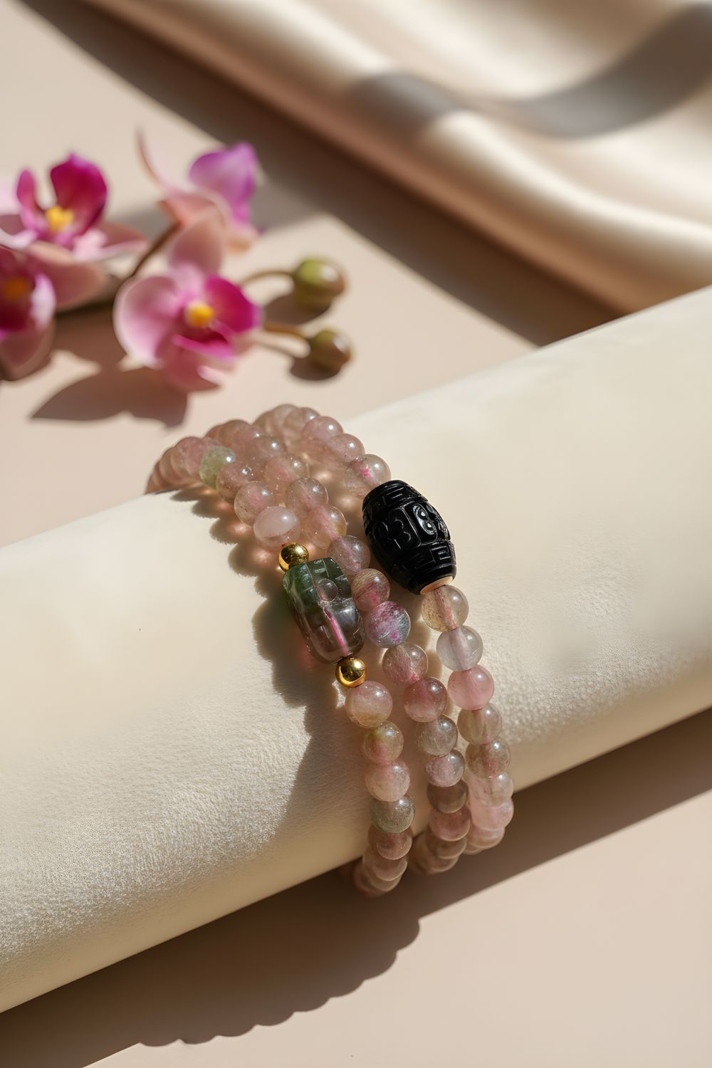 Natural 3 Lap Watermelon Tourmaline with Pixiu &amp; Lucky Turn - 18K