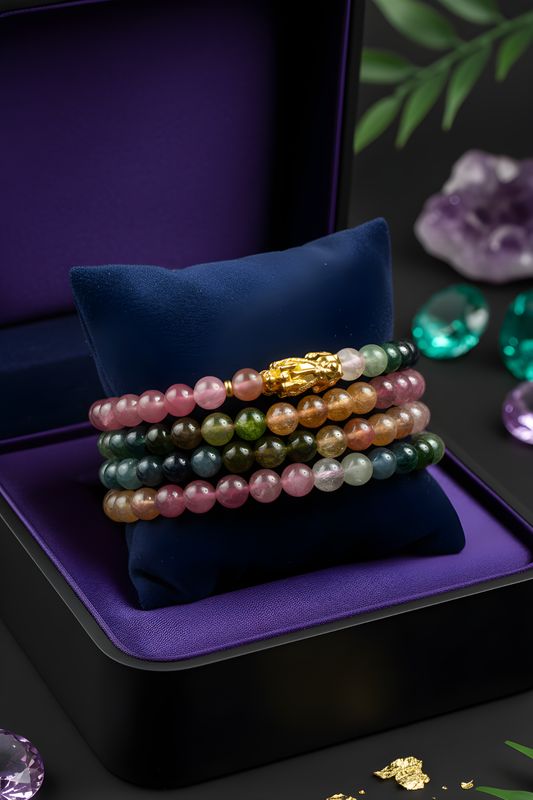 Natural 3 Lap Candy Tourmaline with Pixiu - 18K