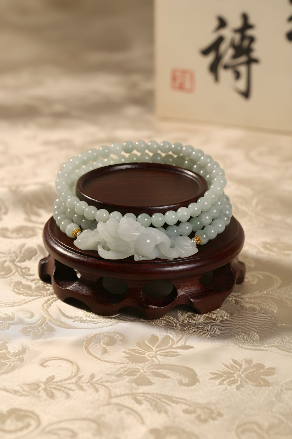 Natural 3 Lap Burma Ice Jade with Dragon Pixiu - 18K