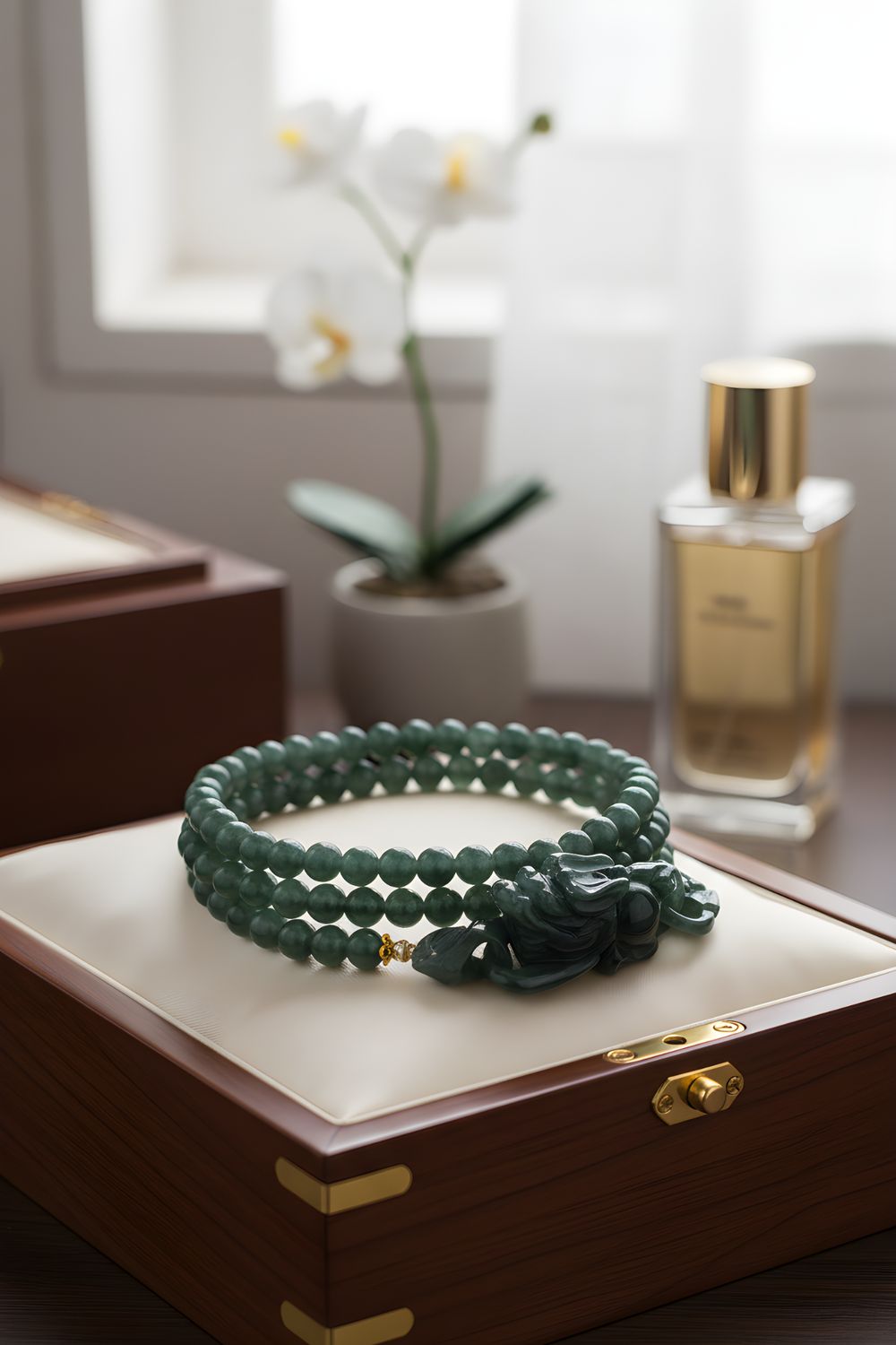 Natural 3 Lap Icy Blue Water Jade with Pixiu - 18K