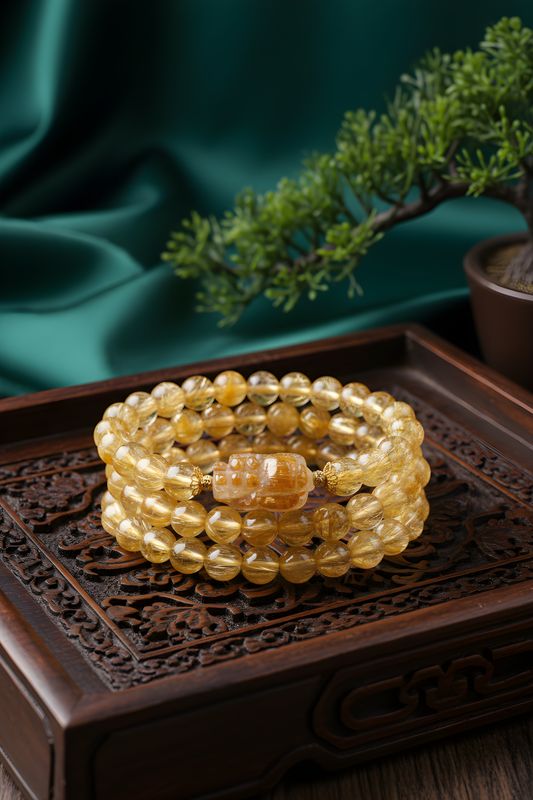 Natural 3 Lap Golden Ruti with Pixiu - 18K