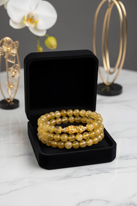 Natural 3 Lap Golden Ruti with Pixiu - 18K