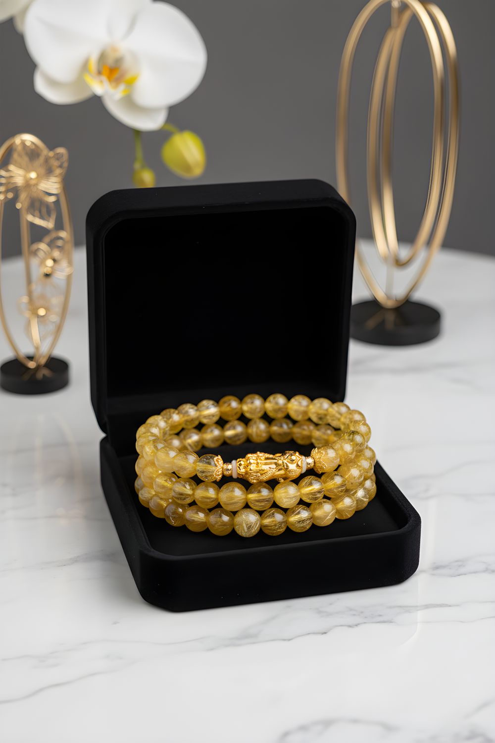 Natural 3 Lap Golden Ruti with Pixiu - 18K