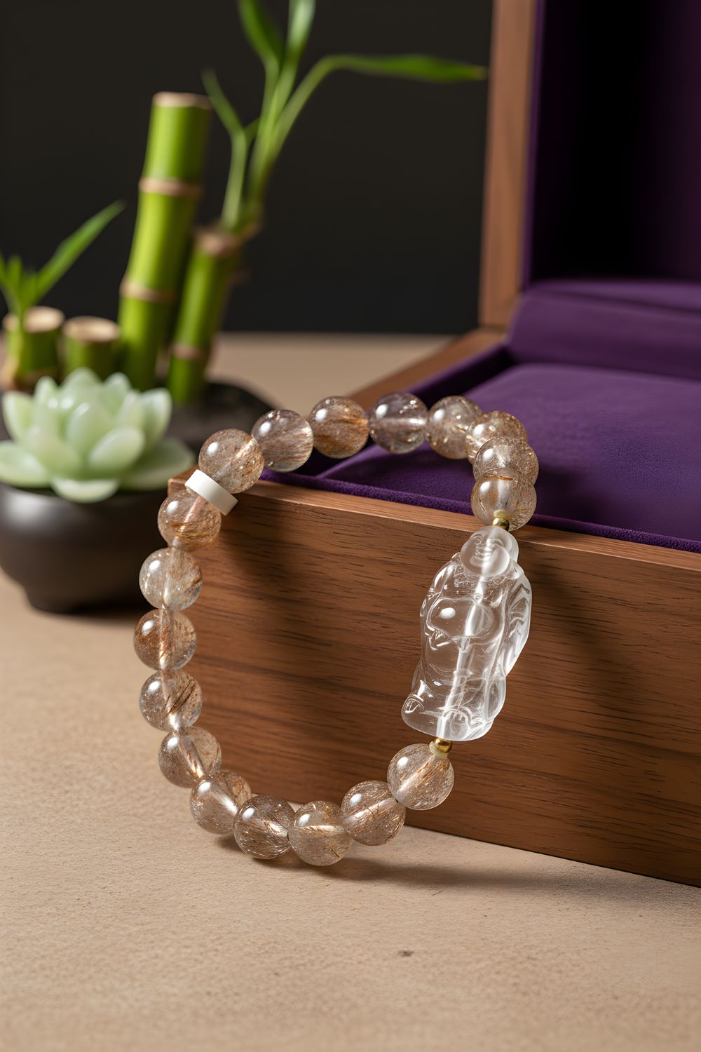 Natural Black Golden Ruti x Clear Quartz Buddha - 18K