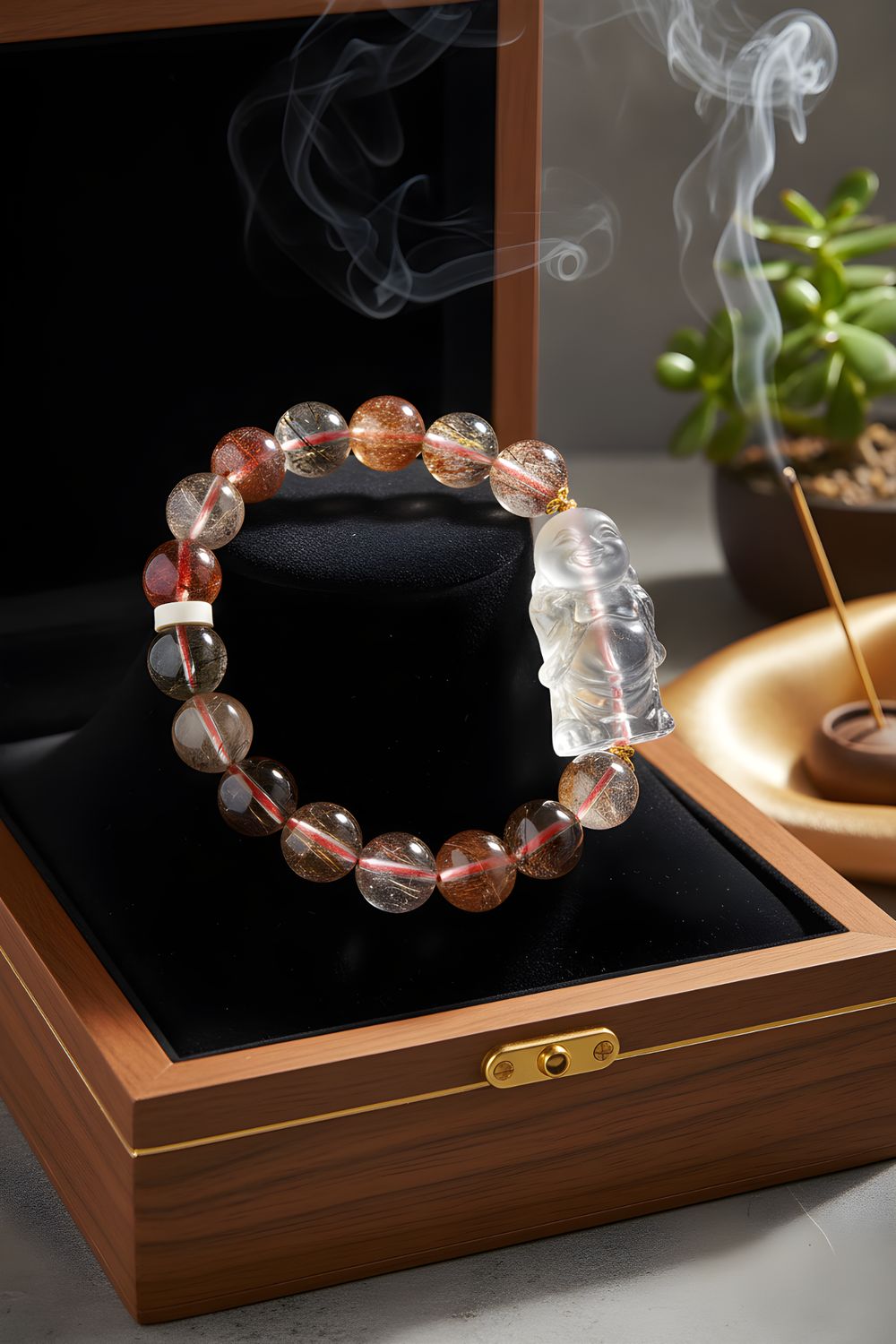 Natural Colorful Ruti x Clear Quartz Buddha - 18K