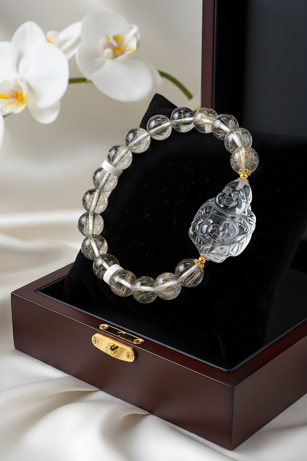 Natural Silver Ruti x Clear Quartz God of Wealth 18K