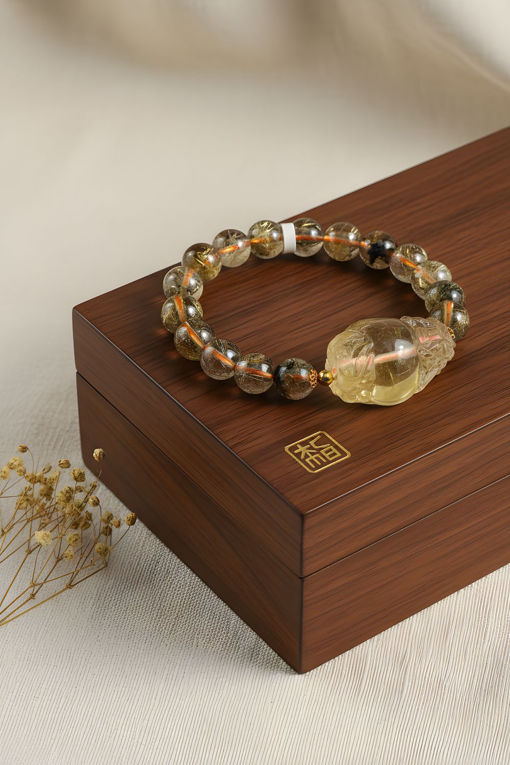 Natural Titanium Golden Ruti x Citrine Dragon Pixiu 18K