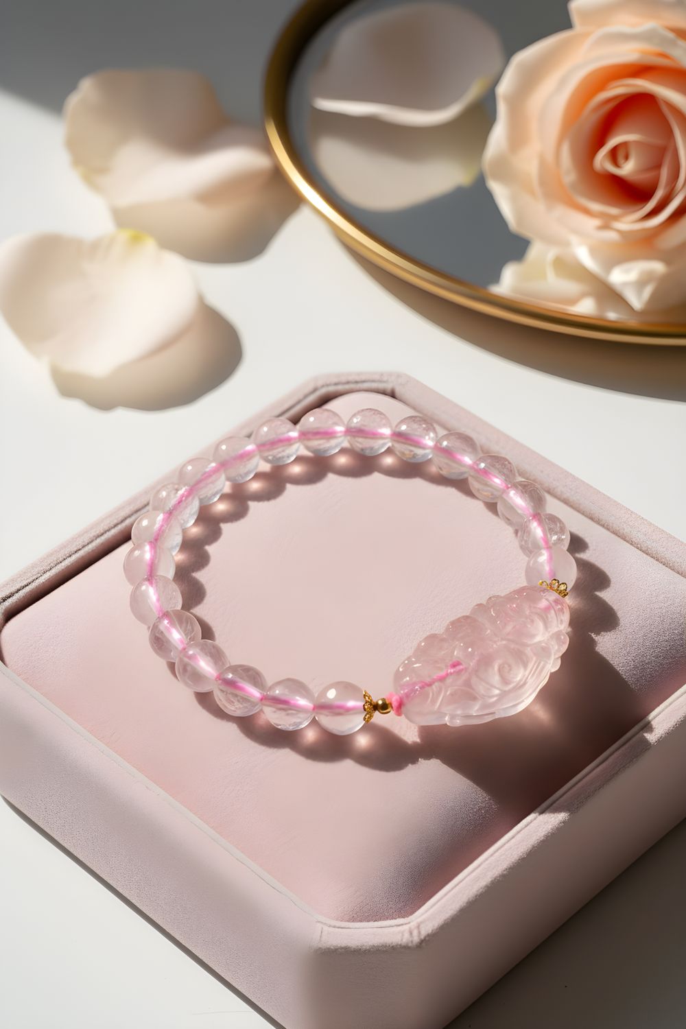 Natural Rose Quartz with God of Fortune - 18K