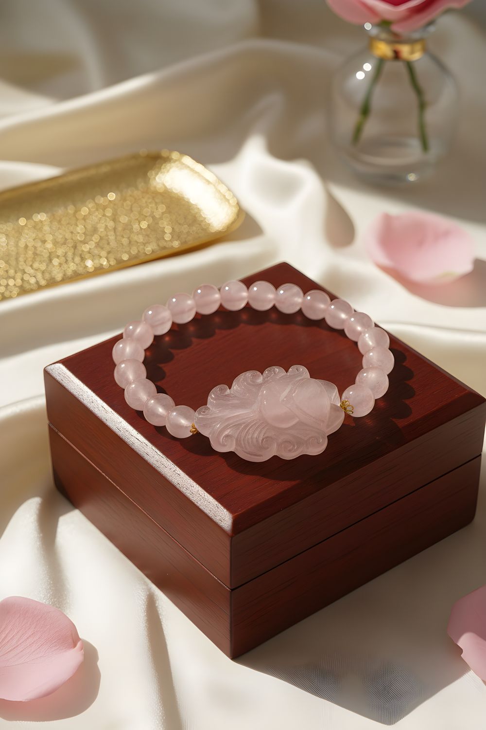 Natural Rose Quartz with 9 Tail Fox 18K