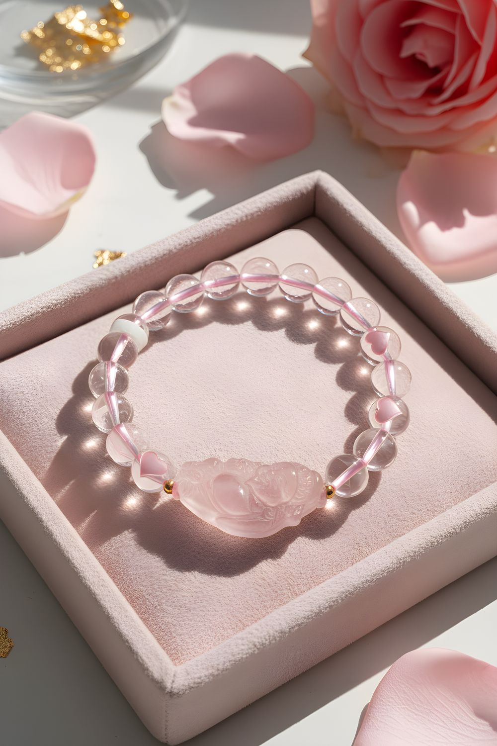 Natural Clear Quartz x Rose Quartz God of Fortune - 18K