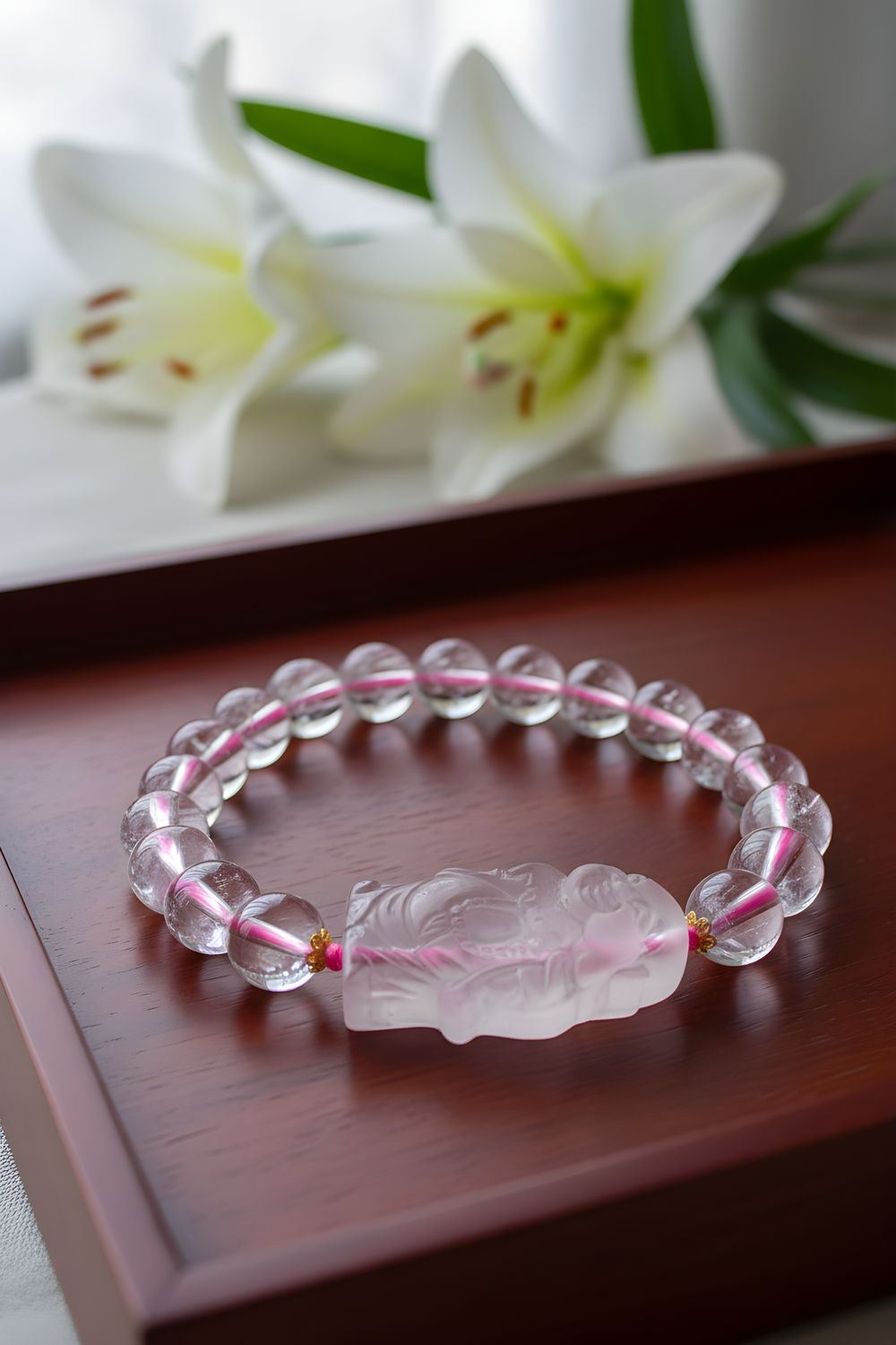 Natural Rainbow Rose Quartz with Buddha - 18K