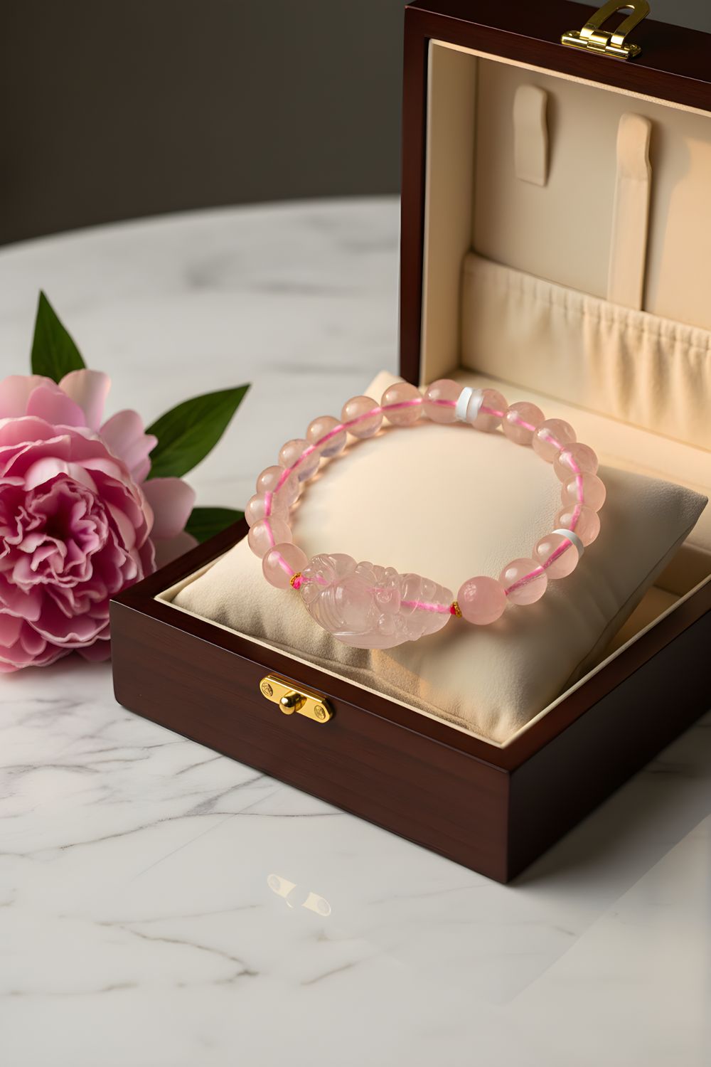 Natural Rose Quartz with God of Fortune - 18K