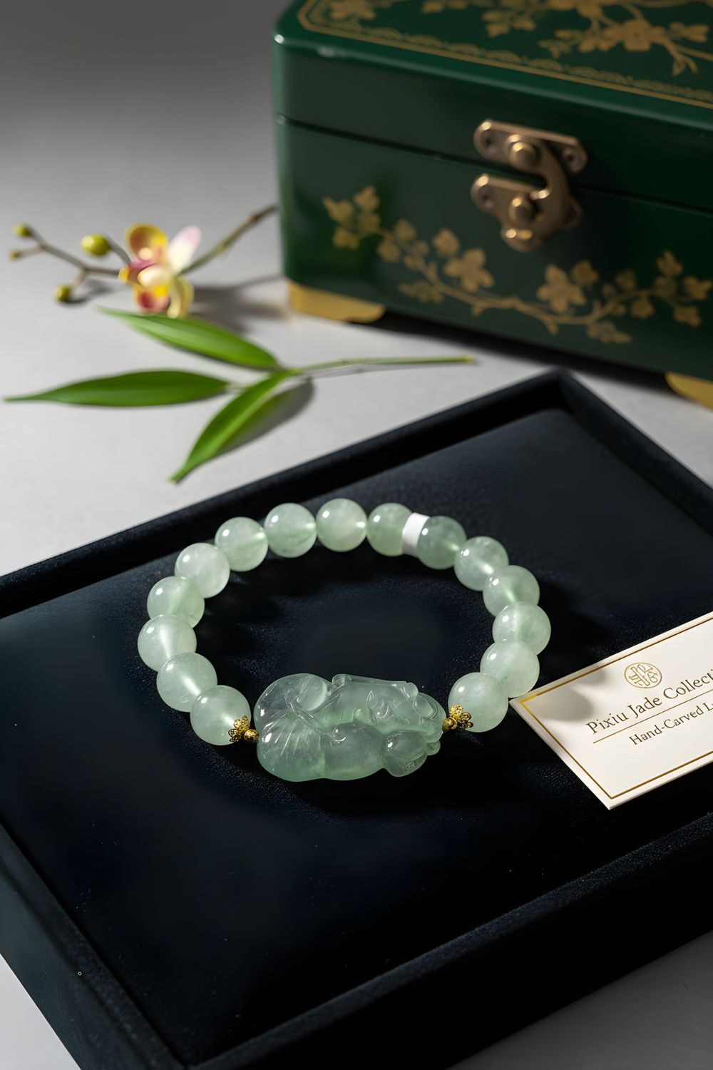 Natural Prehnite with Rabbit &amp; Ruyi - 18K