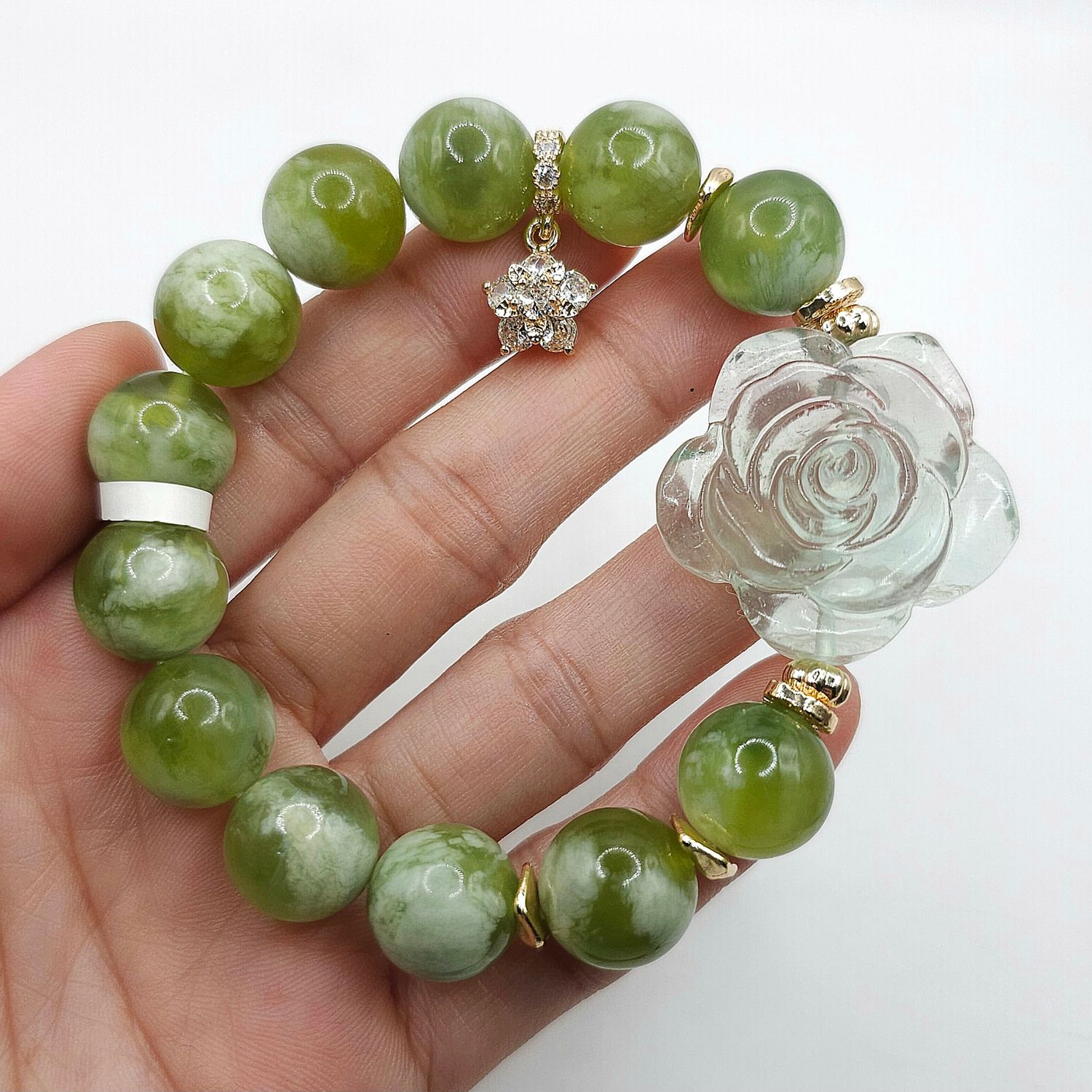Natural Serpentine Jade x Green Strawberry Quartz Flower