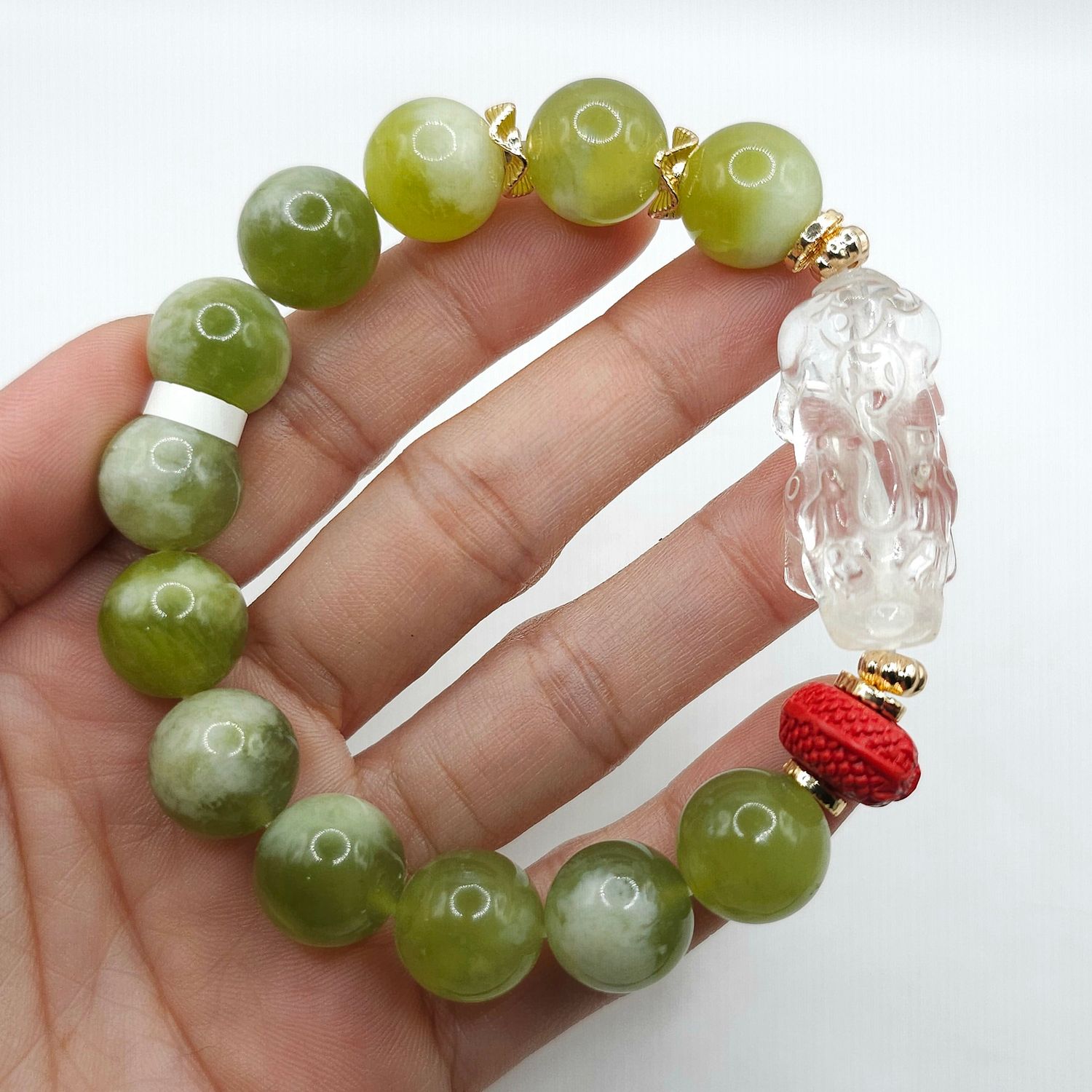 Natural Serpentine Jade x Clear Quartz Pixiu