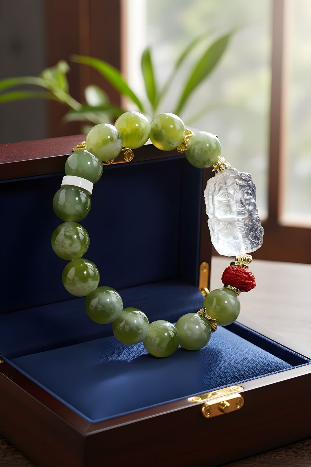 Natural Serpentine Jade x Clear Quartz Guanyin