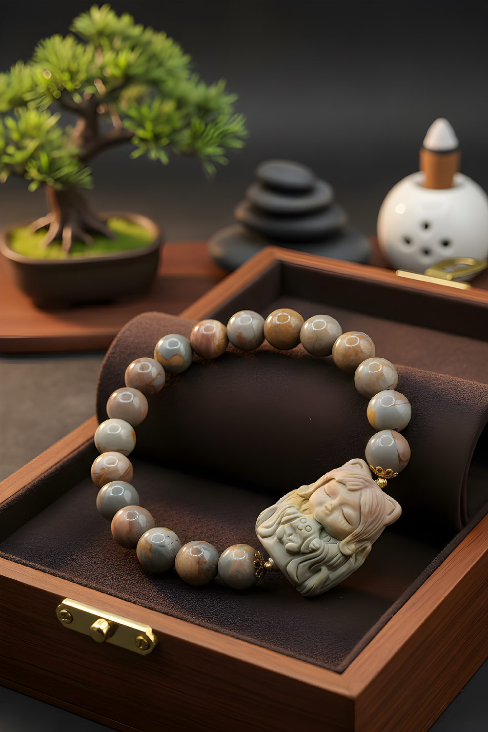 Natural Earthy Sky Alashan Agate wih 9 Tail Princess - 18K