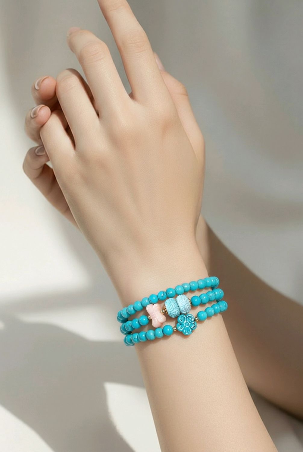 Natural 3 Lap Turquoise Lucky Turn &amp; Butterfly Coral