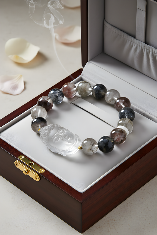 Natural Garden Phantom x Clear Quartz Guanyin - 18K