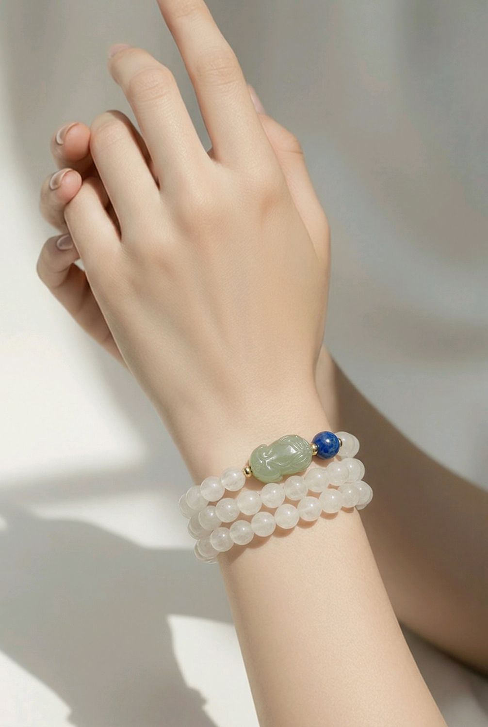 Natural 3 Lap White Phantom x Pixiu Hetian Jade