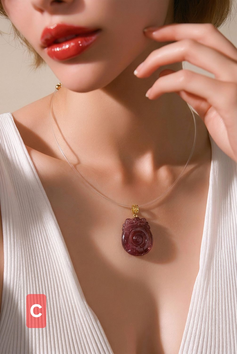 Natural Tourmaline Money Bag Floating Necklace - 18K