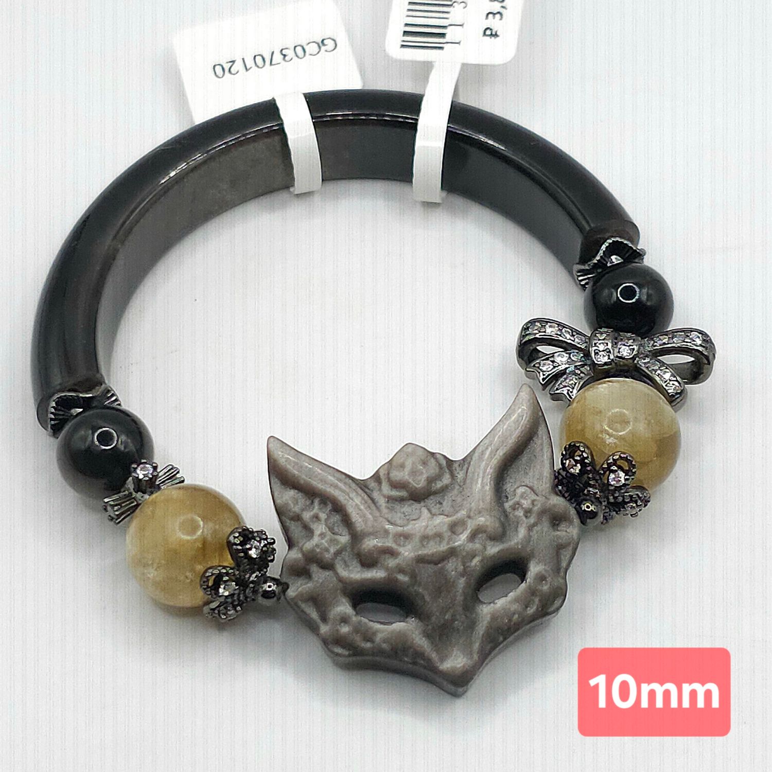 Natural Silver Obsodian with 9 Tail Fox x Lepidolite Mica Half Bangle