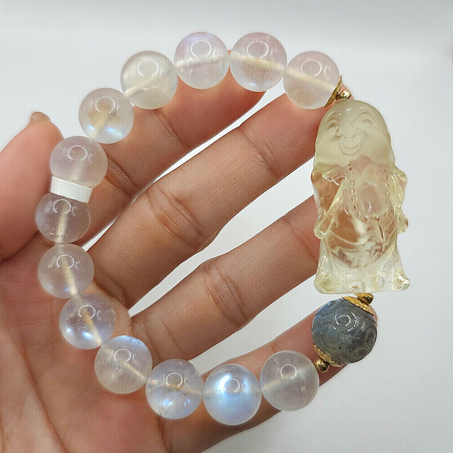 Natural Blue Moonstone x Citrine Buddha x Lucky Turn Labradorite