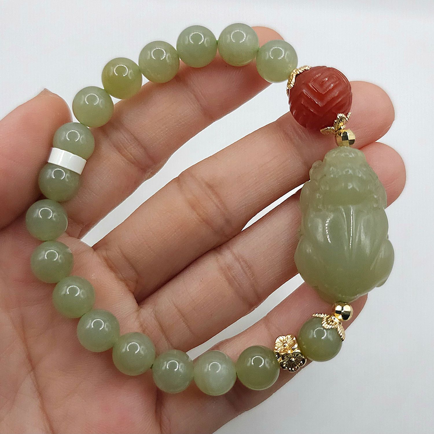 Natural Hetian Jade with Pixiu x Lucky Turn Carnelian