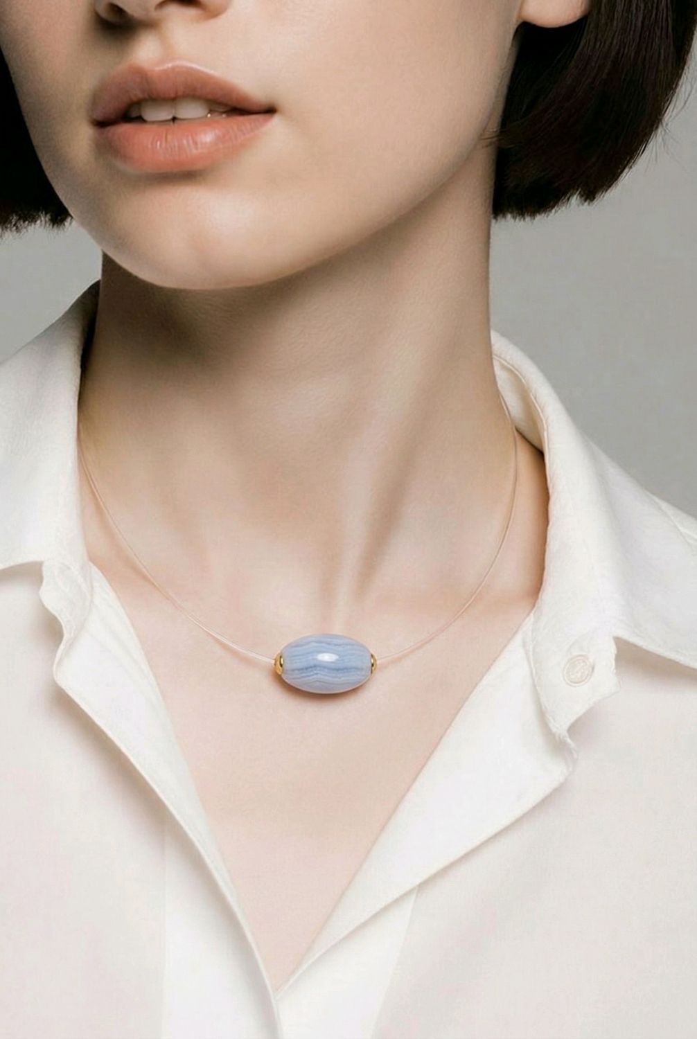 Natural Blue Lace Agate Floating Necklace - 18k