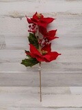 25&quot; Velvet Poinsettia/Holly Spray x3 Red