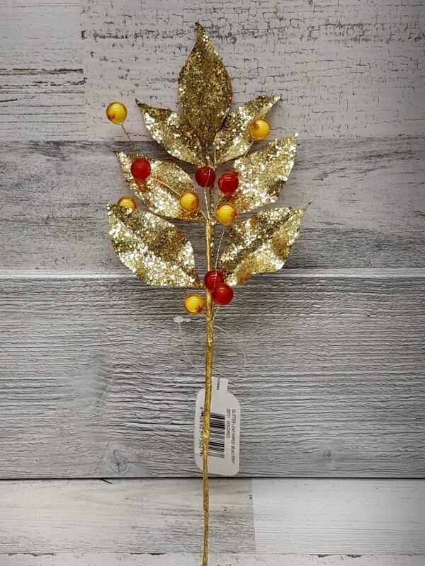 13&quot; Glitter Leaf/Bead Spray Gold