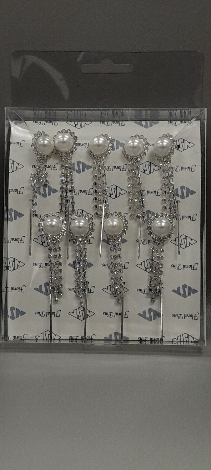 9pc 3&quot; Pearl/Rhinestone Dangling Floral Pins Silver