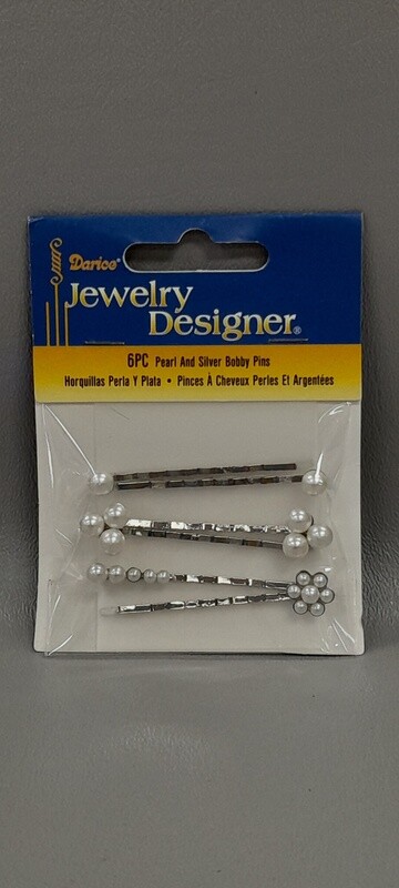 6pc 2&quot; Pearl Bobby Pins Silver/Ivory