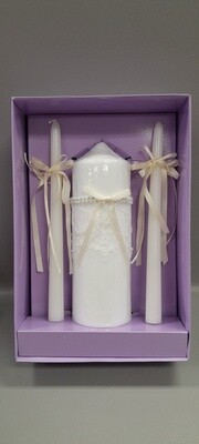 Unity Candle Set w/Lace/Rhinestones Ivory