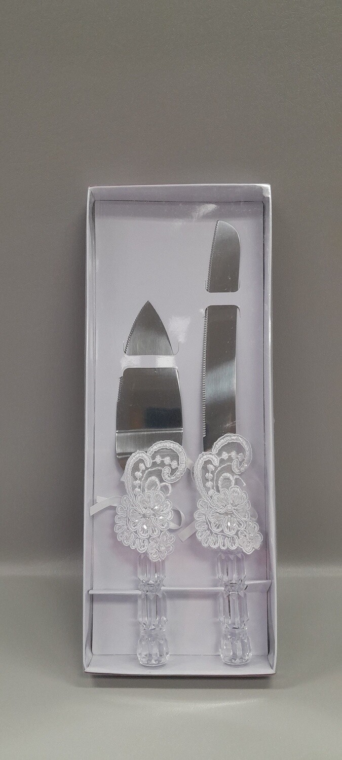 Cake Knife &amp; Server Set Lace Crystak/White