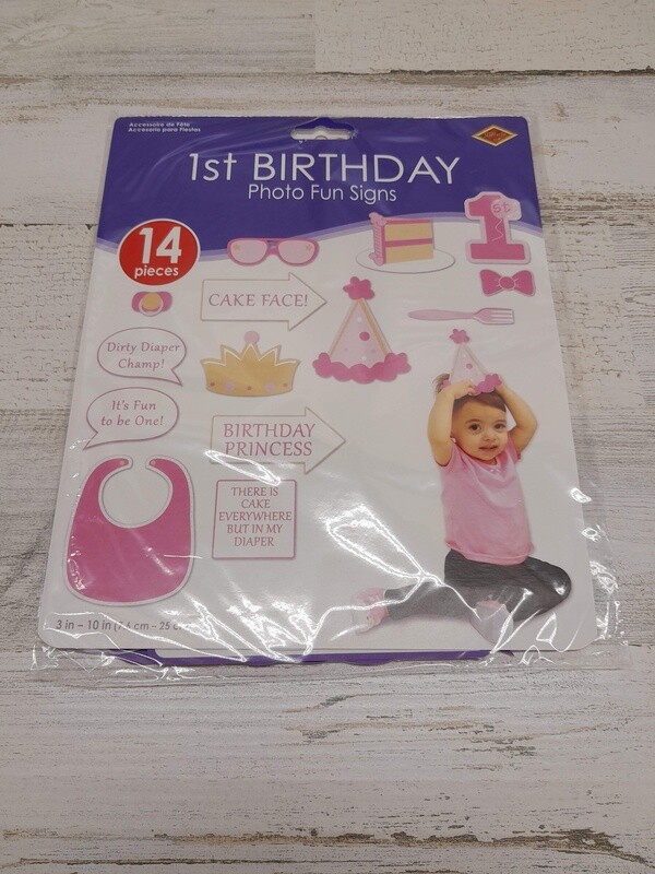 14pc 3&quot;-10&quot; 1st B-Day Photo Fun Signs Pink