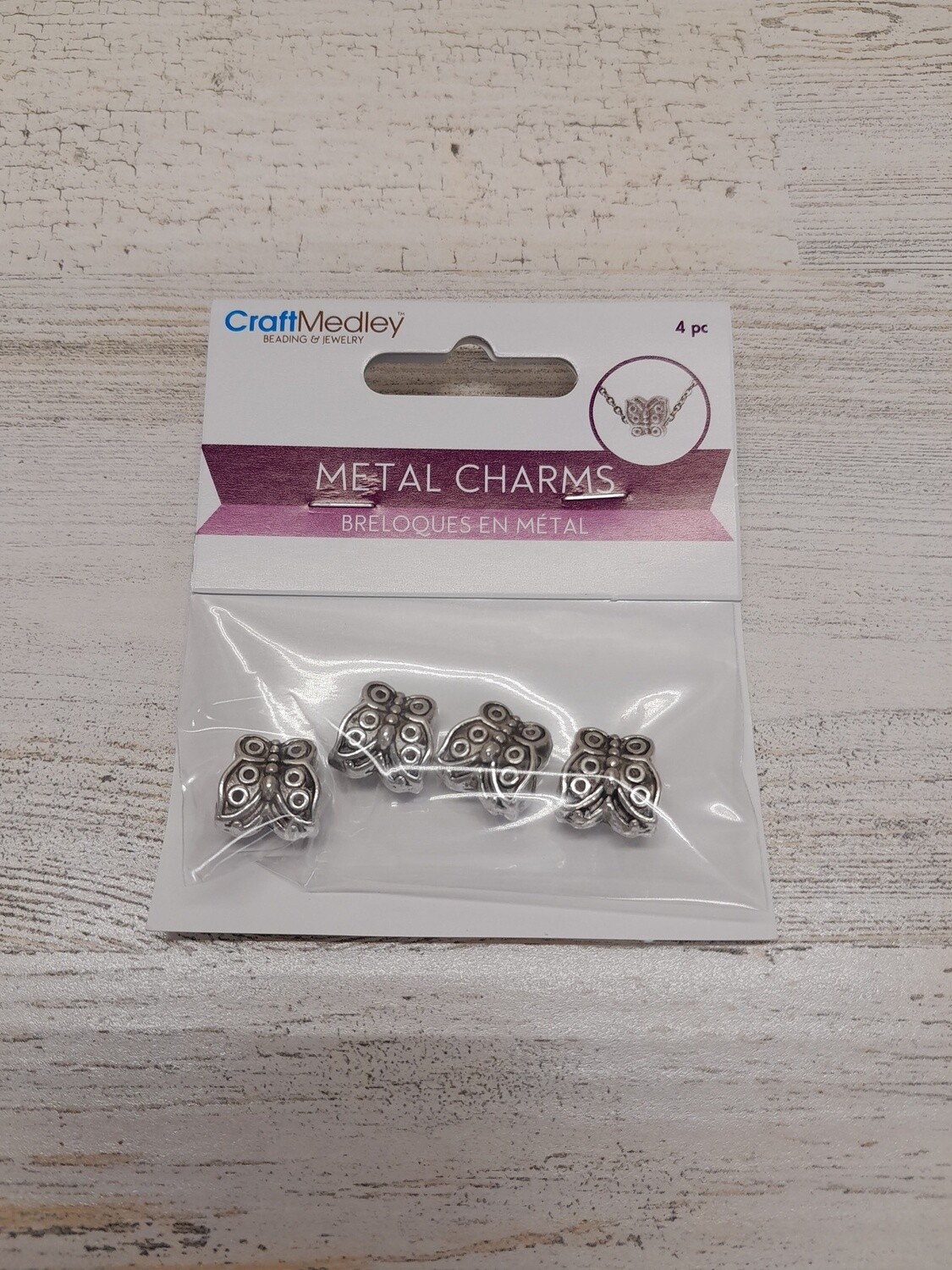 4pc Metal Butterfly Charms Silver