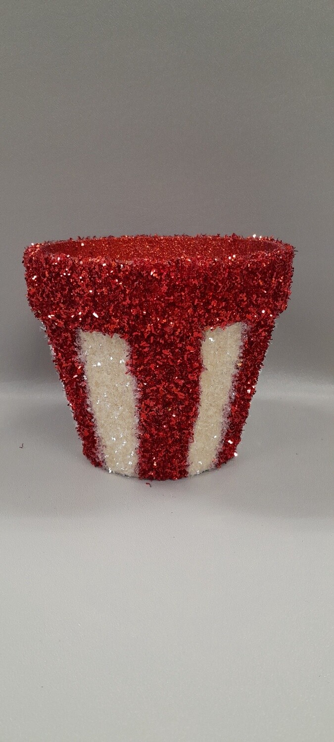 5.5&quot; Glitter Tinsel Pot Red/White (Ceramic)