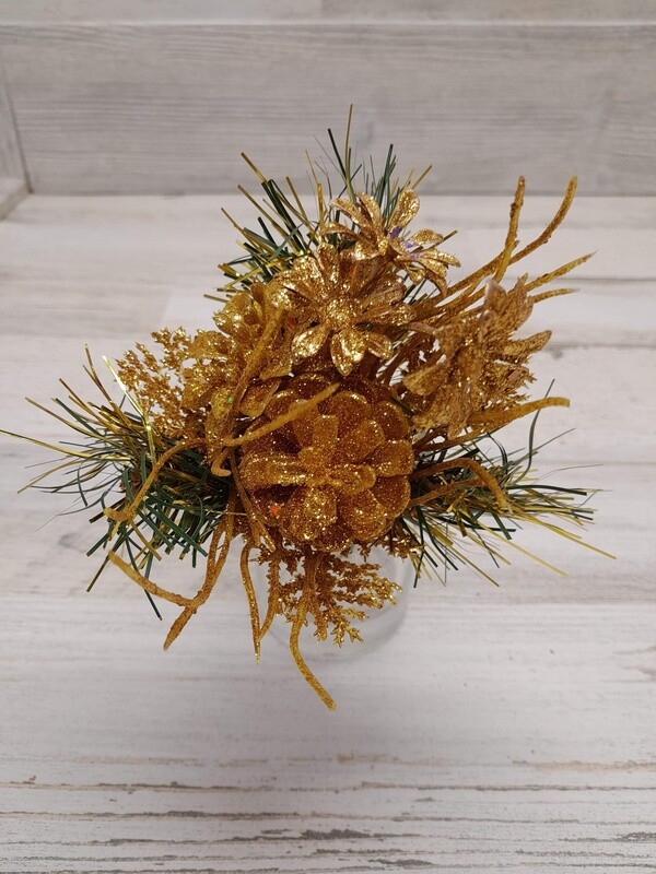 8&quot; Glitter Cedar/Poinsettia Pick Gold