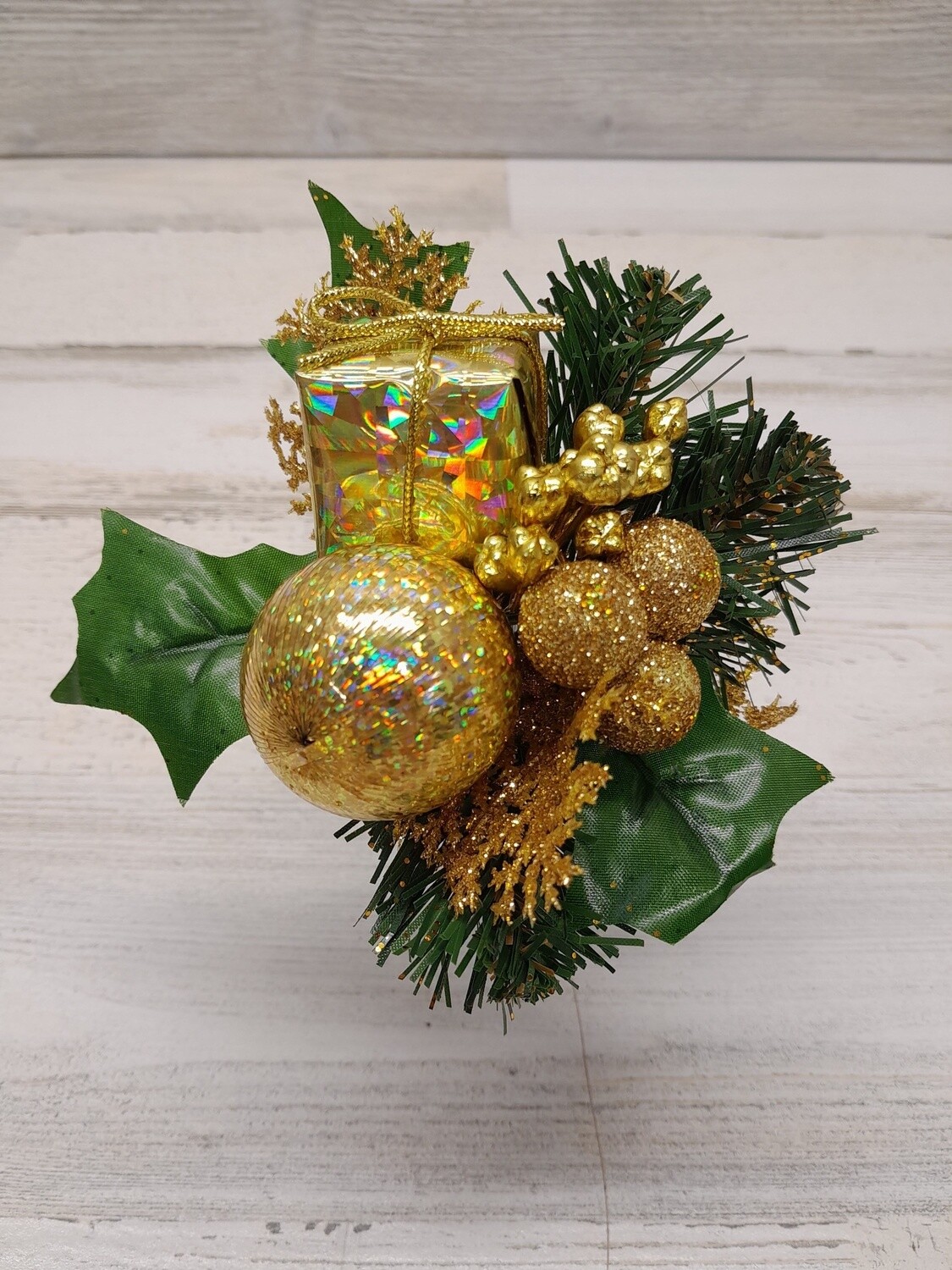7" Glitter Holly/Pine/Ball/Gift Box Pick  Gold