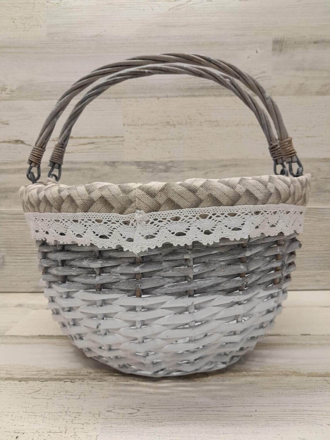 *Double Handle Round Basket With Lace Grey/White