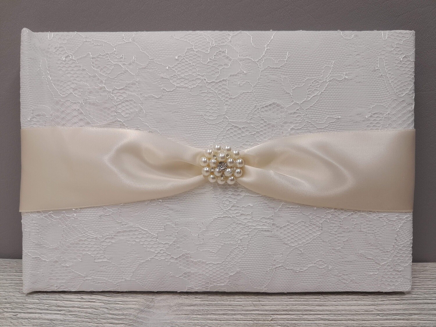 9.75&quot;x6.25&quot; Guest Book w/Lace/Pearls Ivory