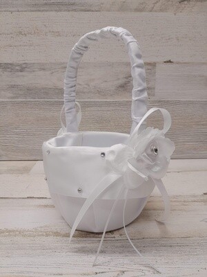 9&quot; Flower Girl Basket w/Flower &amp; Rhinestone White