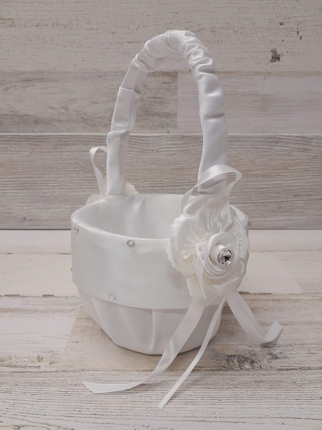 9&quot; Flower Girl Basket w/Flower &amp; Rhinestone Ivory